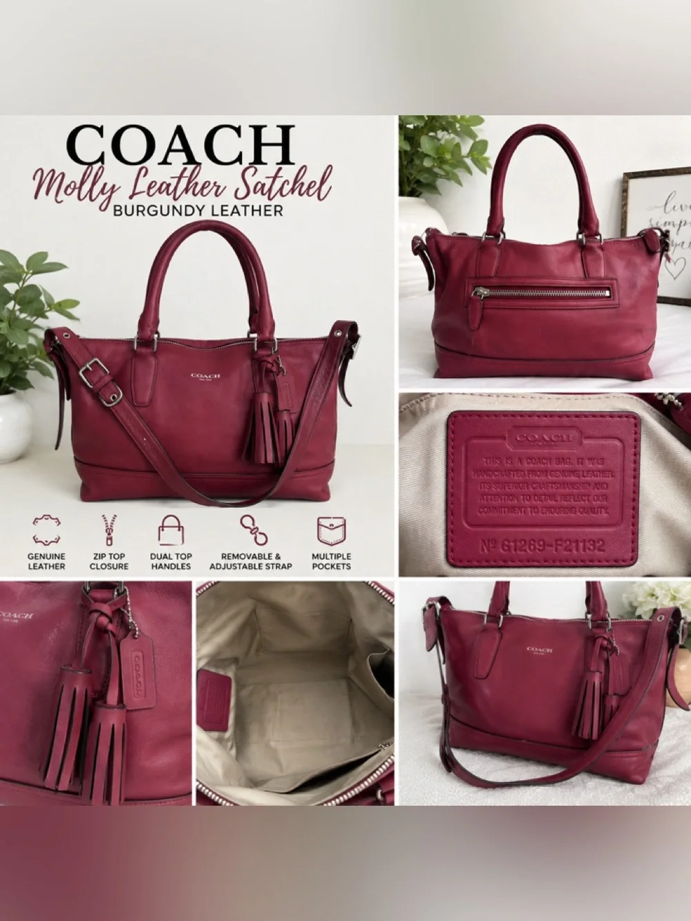 COACH Burgundy Leather Satchel with Tassel Charm